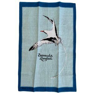 Bermuda Longtail Irish Linen Tea Towel Blue Border Made in Ireland 1981 Vintage